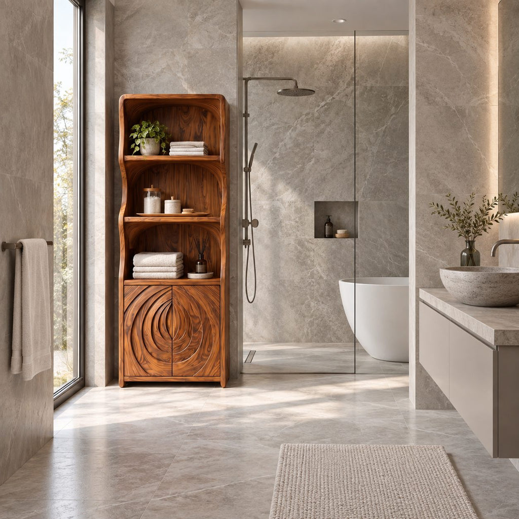 Ripple Carved Bathroom Cabinet, Tall Solid Wood Linen Cabinet with Wavy Sides, Open Shelves and 2 Doors