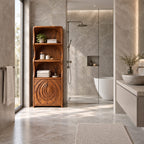 Ripple Carved Bathroom Cabinet, Tall Solid Wood Linen Cabinet with Wavy Sides, Open Shelves and 2 Doors