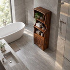 Ripple Carved Bathroom Cabinet, Tall Solid Wood Linen Cabinet with Wavy Sides, Open Shelves and 2 Doors