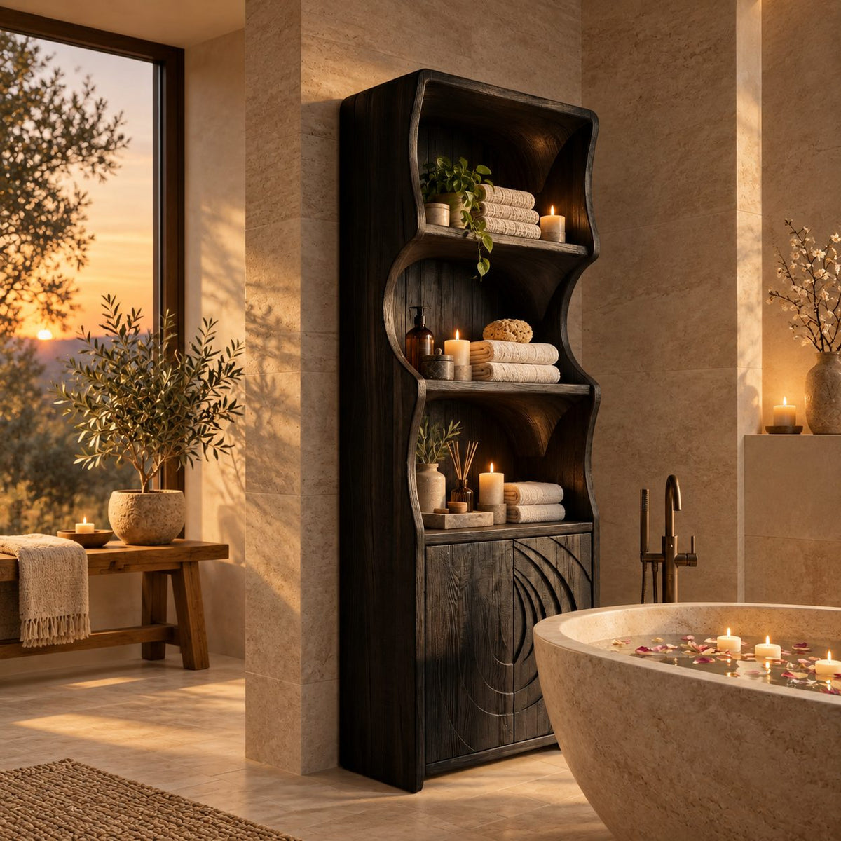 Ripple Carved Bathroom Cabinet, Tall Solid Wood Linen Cabinet with Wavy Sides, Open Shelves and 2 Doors