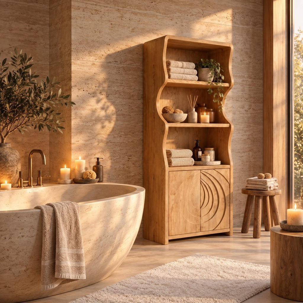 Ripple Carved Bathroom Cabinet, Tall Solid Wood Linen Cabinet with Wavy Sides, Open Shelves and 2 Doors