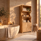 Ripple Carved Bathroom Cabinet, Tall Solid Wood Linen Cabinet with Wavy Sides, Open Shelves and 2 Doors