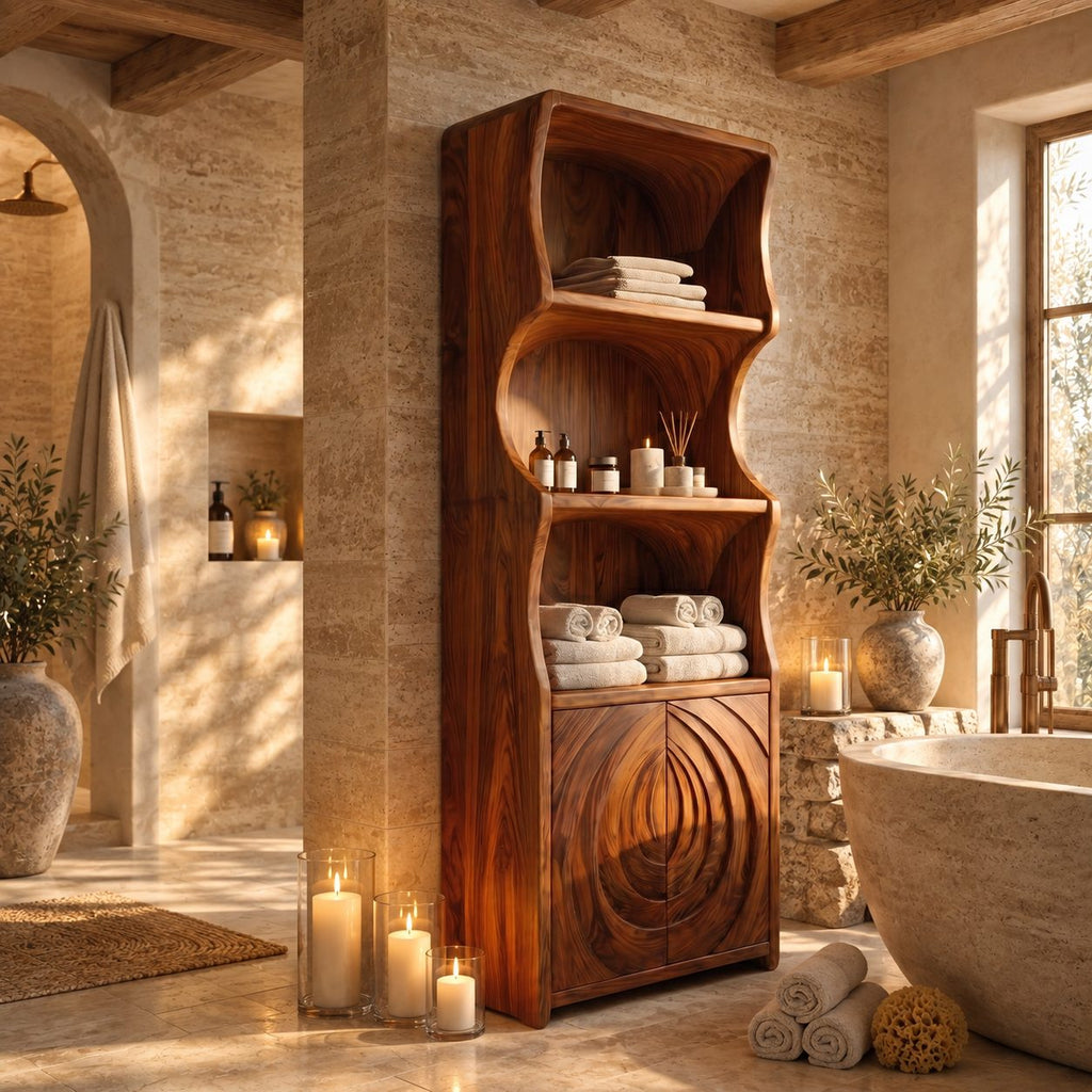 Ripple Carved Bathroom Cabinet, Tall Solid Wood Linen Cabinet with Wavy Sides, Open Shelves and 2 Doors