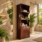 Ripple Carved Bathroom Cabinet, Tall Solid Wood Linen Cabinet with Wavy Sides, Open Shelves and 2 Doors