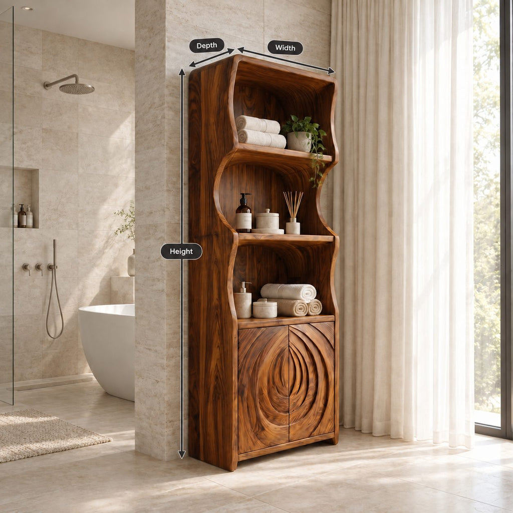 Ripple Carved Bathroom Cabinet, Tall Solid Wood Linen Cabinet with Wavy Sides, Open Shelves and 2 Doors