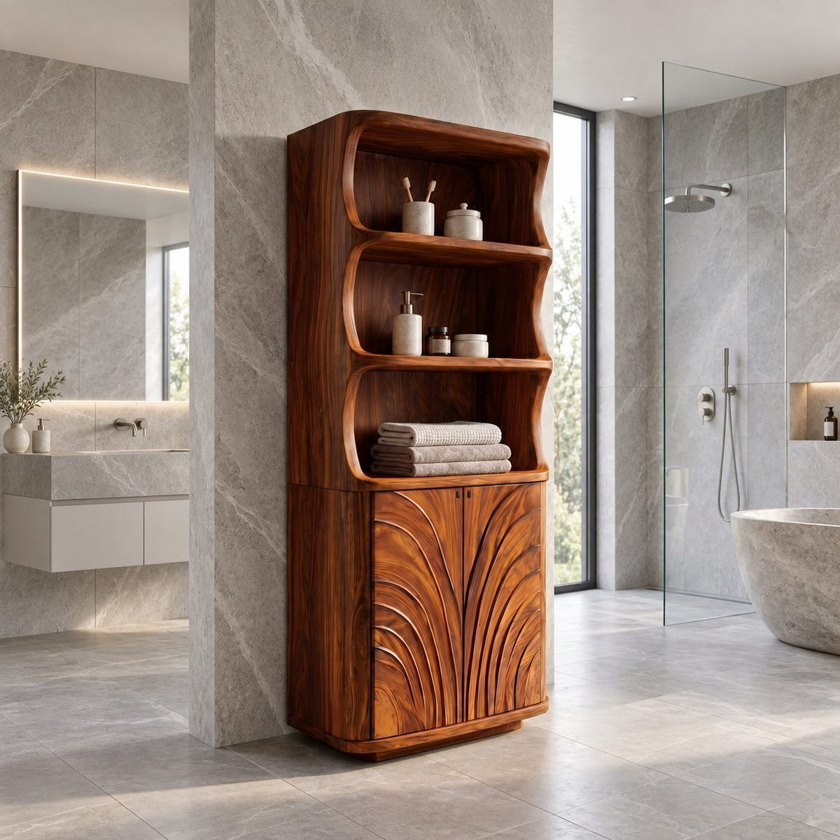 Fan Carved Bathroom Cabinet, Tall Solid Wood Linen Cabinet with Curved Open Shelves and 2 Doors