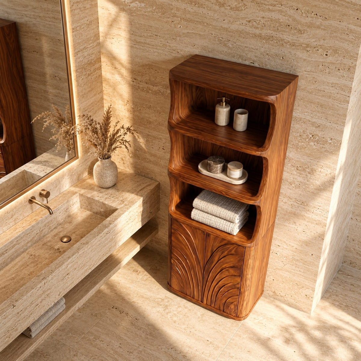 Fan Carved Bathroom Cabinet, Tall Solid Wood Linen Cabinet with Curved Open Shelves and 2 Doors