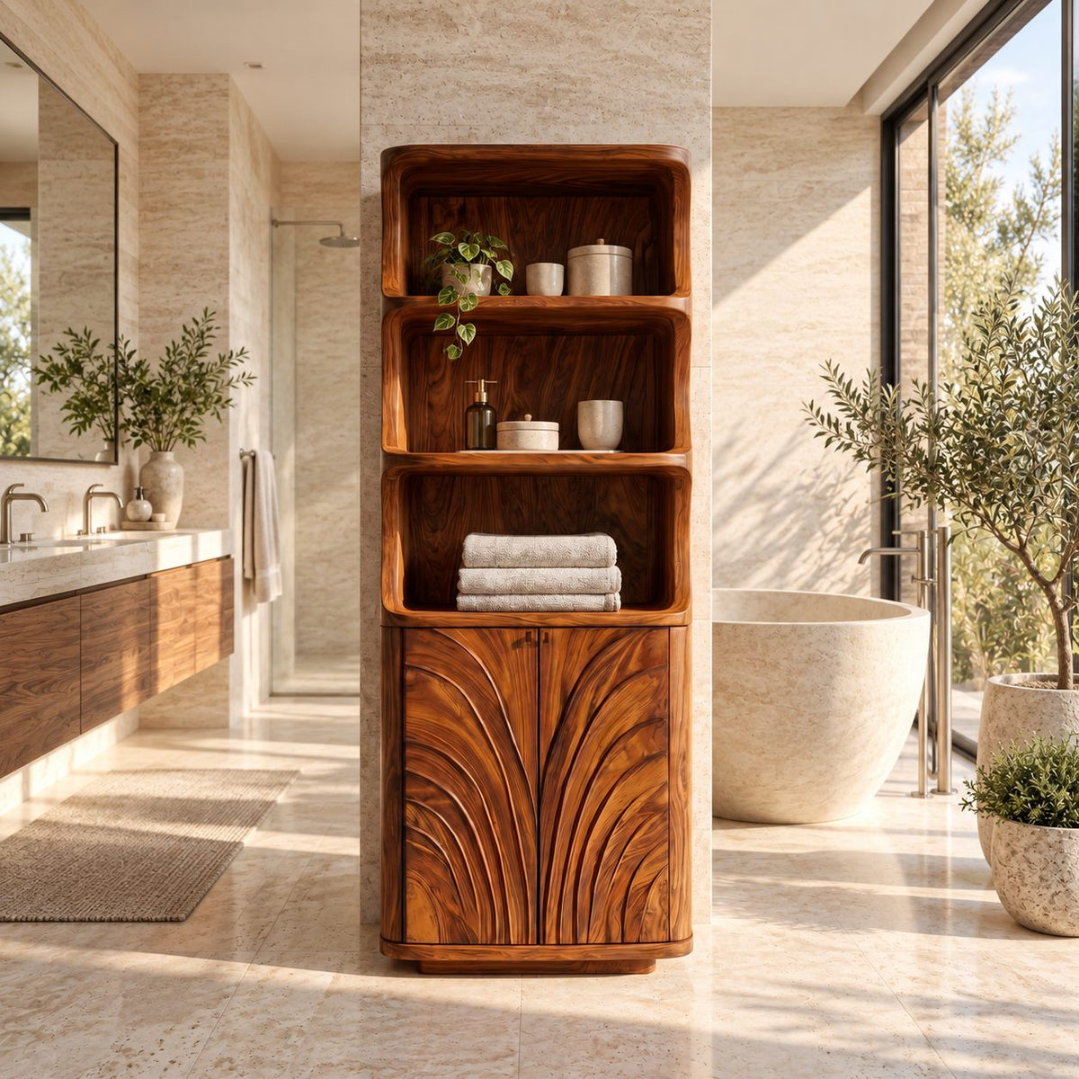 Fan Carved Bathroom Cabinet, Tall Solid Wood Linen Cabinet with Curved Open Shelves and 2 Doors