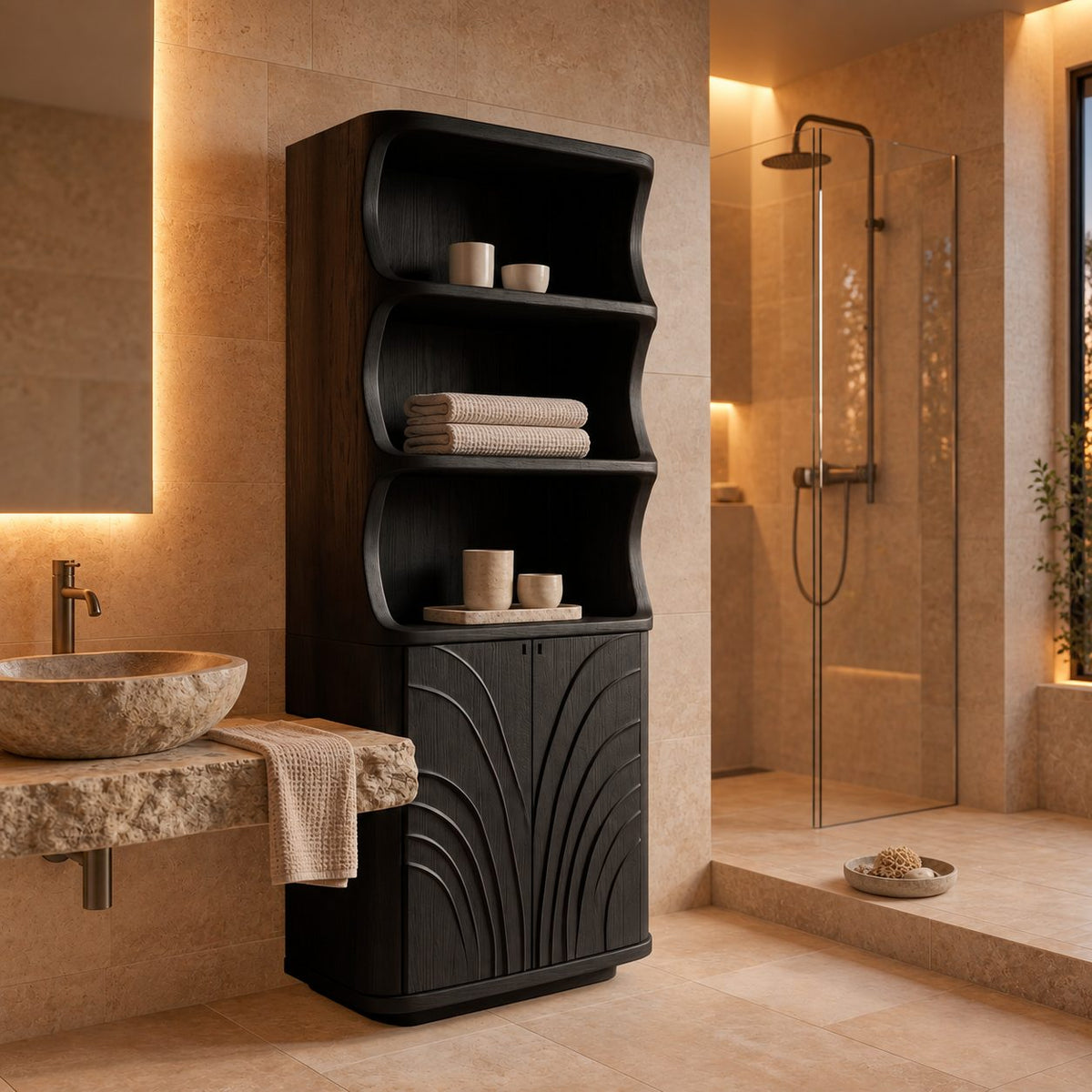Fan Carved Bathroom Cabinet, Tall Solid Wood Linen Cabinet with Curved Open Shelves and 2 Doors