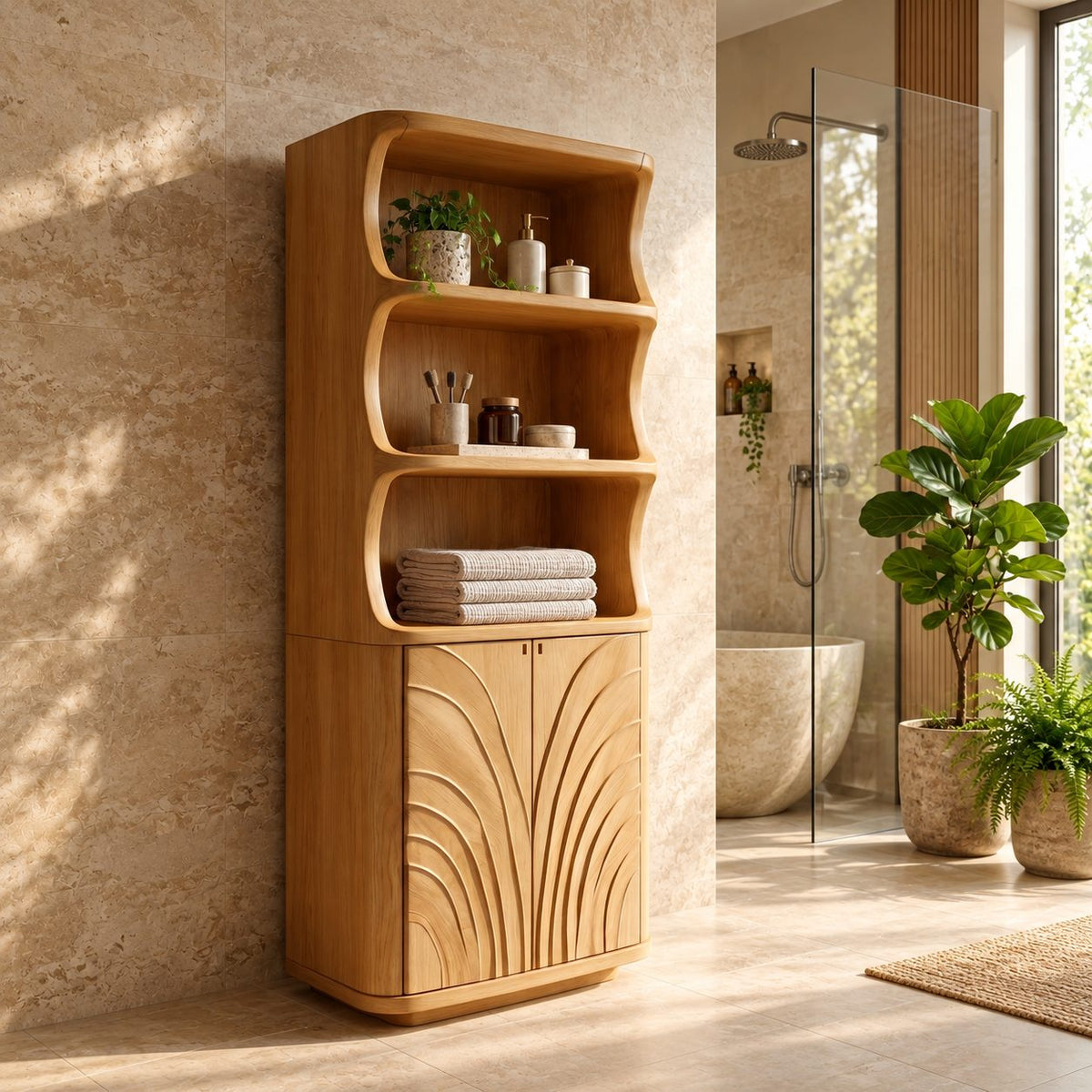 Fan Carved Bathroom Cabinet, Tall Solid Wood Linen Cabinet with Curved Open Shelves and 2 Doors