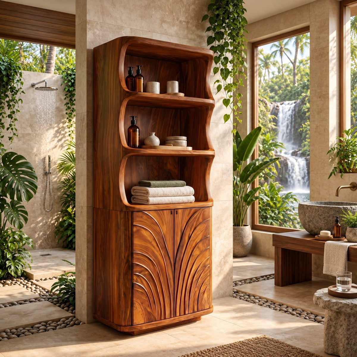 Fan Carved Bathroom Cabinet, Tall Solid Wood Linen Cabinet with Curved Open Shelves and 2 Doors