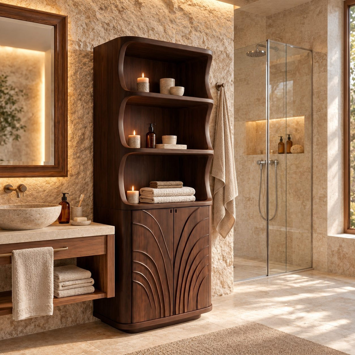Fan Carved Bathroom Cabinet, Tall Solid Wood Linen Cabinet with Curved Open Shelves and 2 Doors