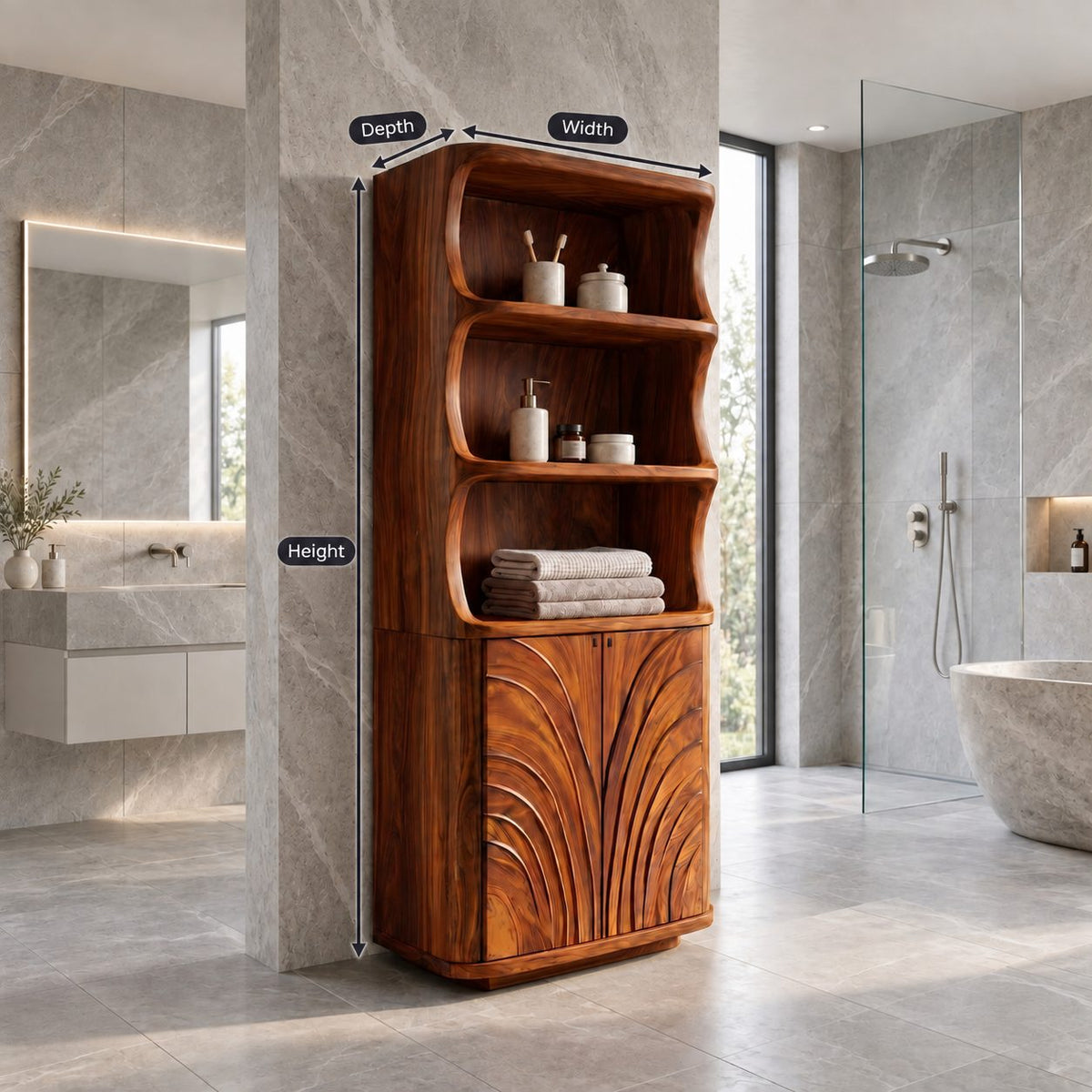 Fan Carved Bathroom Cabinet, Tall Solid Wood Linen Cabinet with Curved Open Shelves and 2 Doors