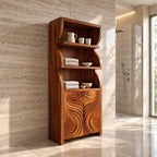 Swirl Wave Bathroom Cabinet, Tall Rustic Solid Wood Linen Cabinet with Carved Doors and Open Shelves