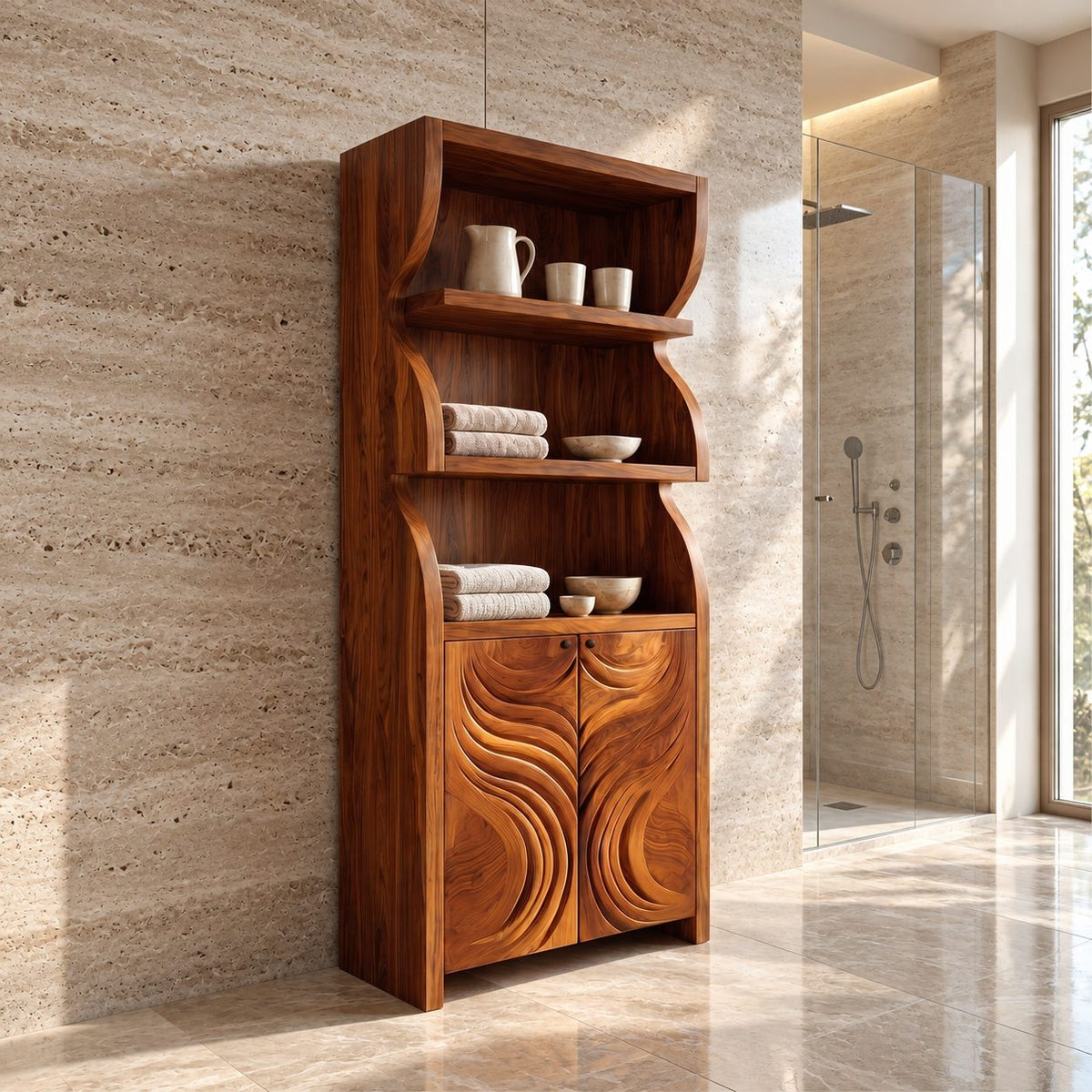 Swirl Wave Bathroom Cabinet, Tall Rustic Solid Wood Linen Cabinet with Carved Doors and Open Shelves