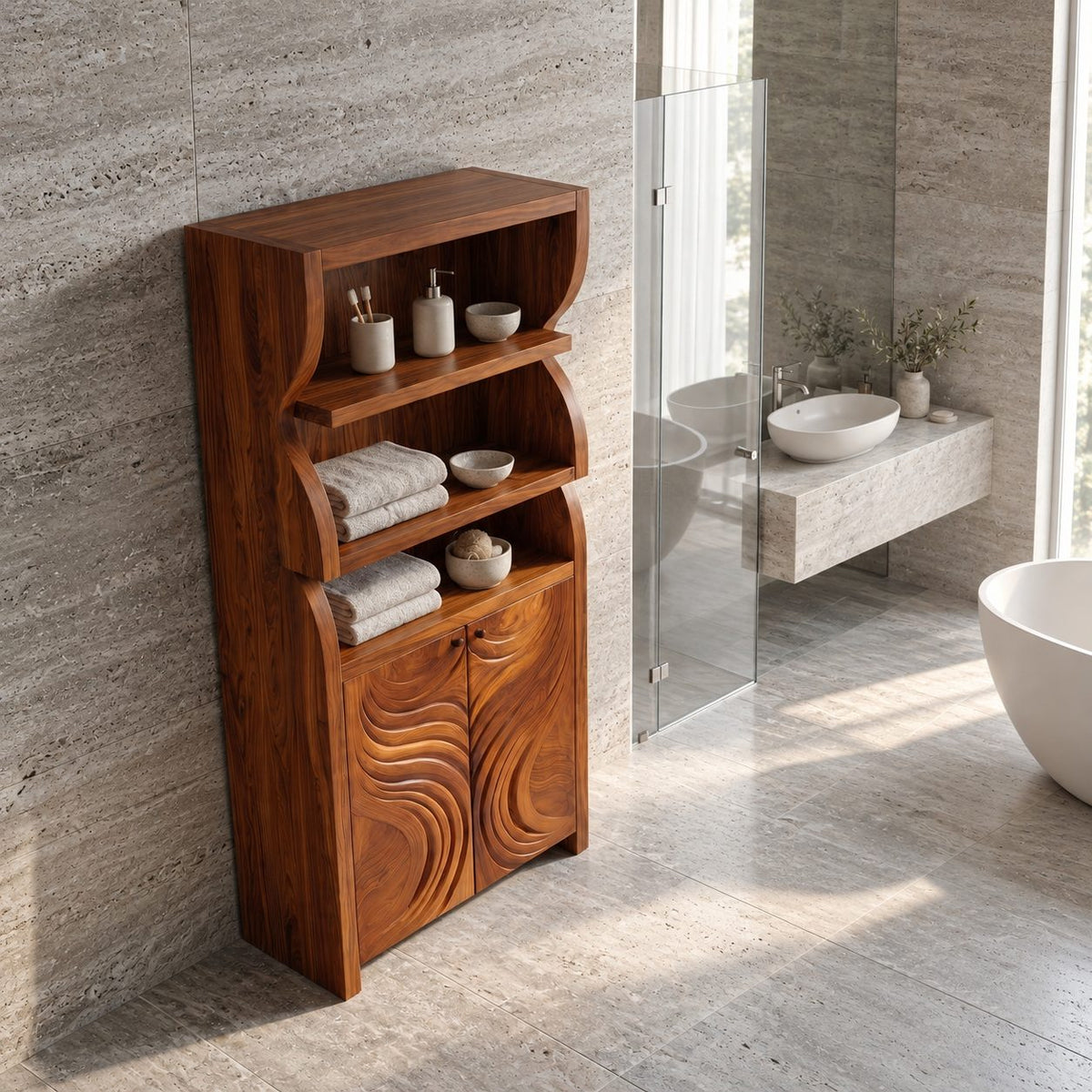 Swirl Wave Bathroom Cabinet, Tall Rustic Solid Wood Linen Cabinet with Carved Doors and Open Shelves