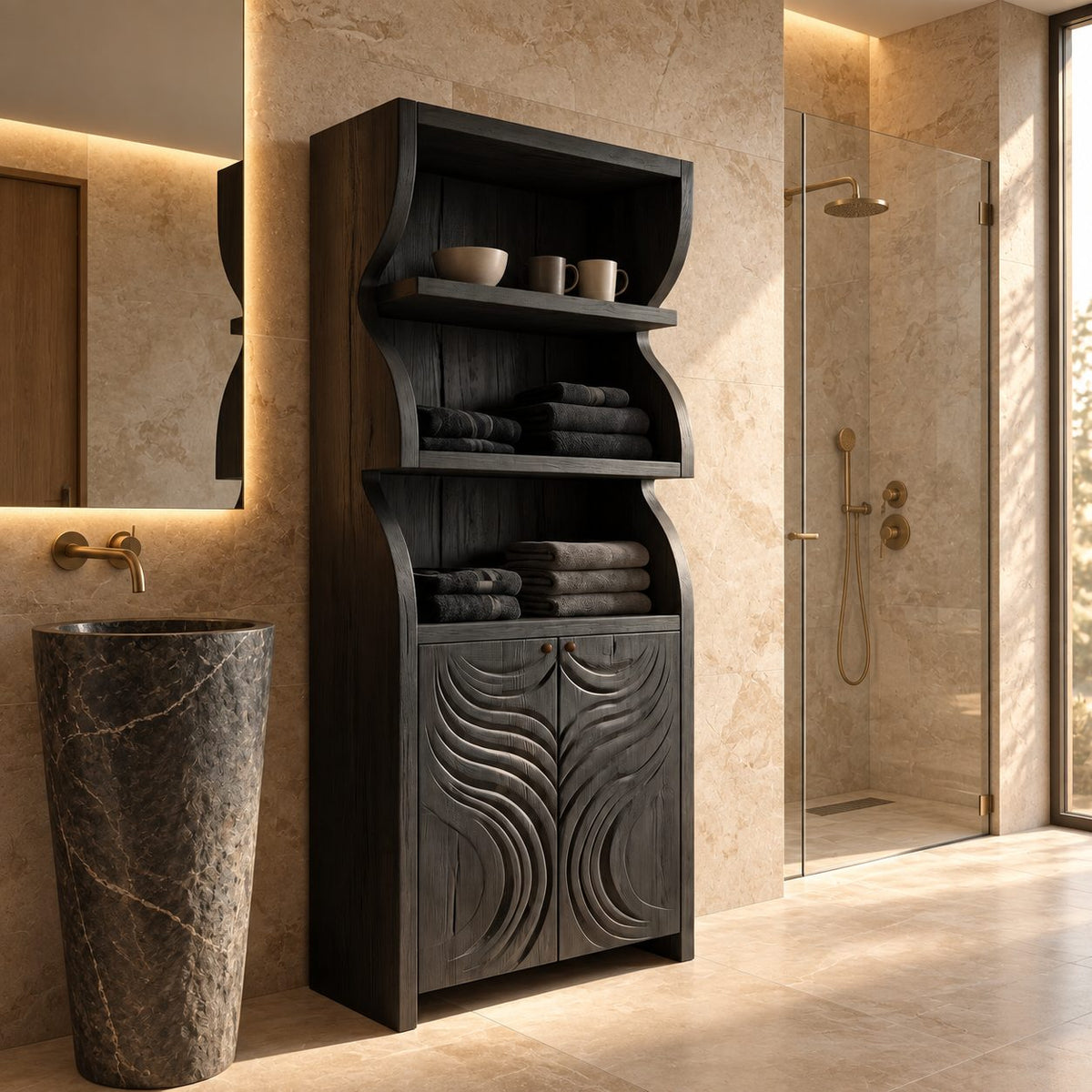 Swirl Wave Bathroom Cabinet, Tall Rustic Solid Wood Linen Cabinet with Carved Doors and Open Shelves