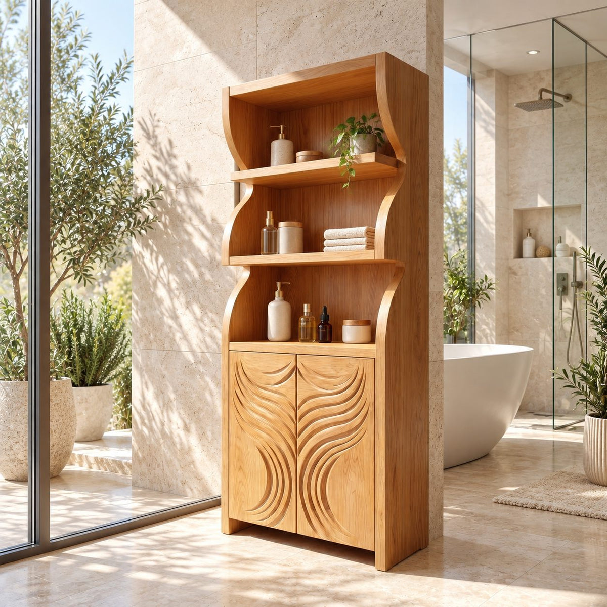 Swirl Wave Bathroom Cabinet, Tall Rustic Solid Wood Linen Cabinet with Carved Doors and Open Shelves