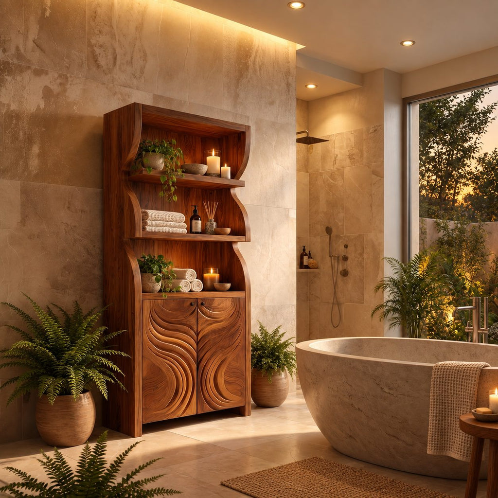 Swirl Wave Bathroom Cabinet, Tall Rustic Solid Wood Linen Cabinet with Carved Doors and Open Shelves