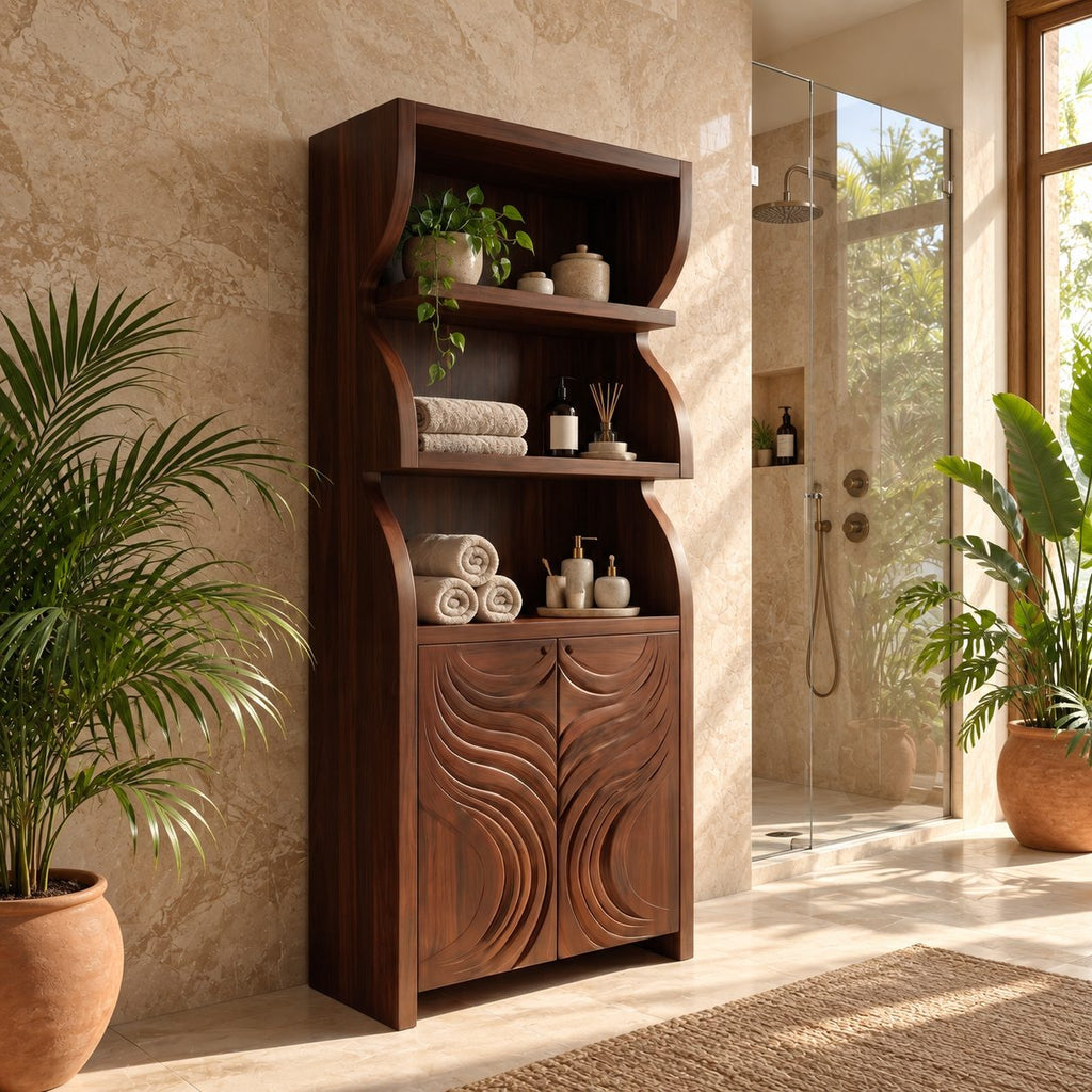 Swirl Wave Bathroom Cabinet, Tall Rustic Solid Wood Linen Cabinet with Carved Doors and Open Shelves