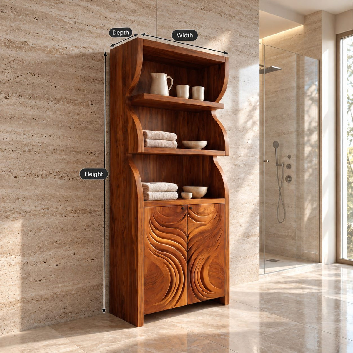 Swirl Wave Bathroom Cabinet, Tall Rustic Solid Wood Linen Cabinet with Carved Doors and Open Shelves