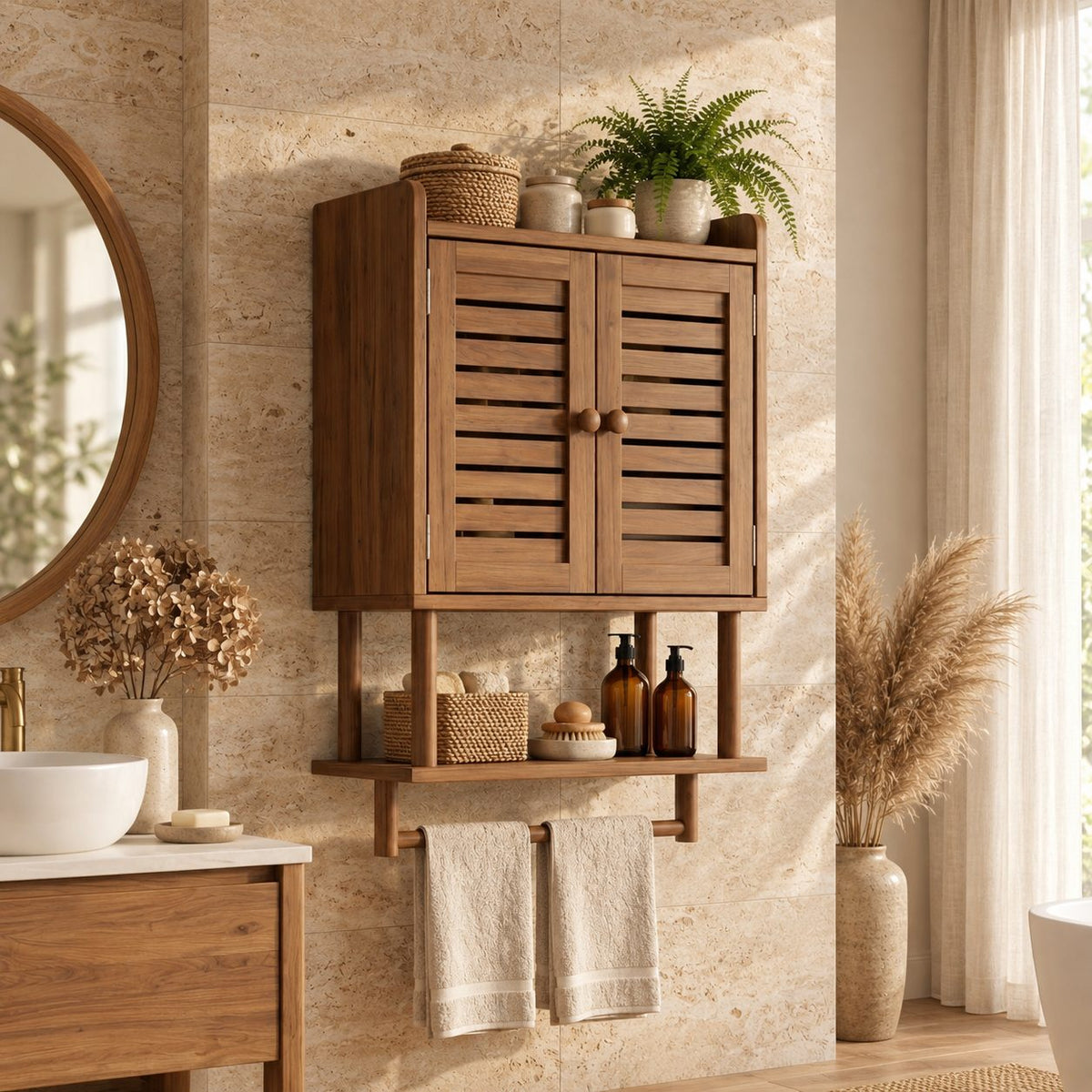 Louvered Door Bathroom Wall Cabinet, Solid Wood Over Toilet Cabinet with Open Shelf and Towel Bar