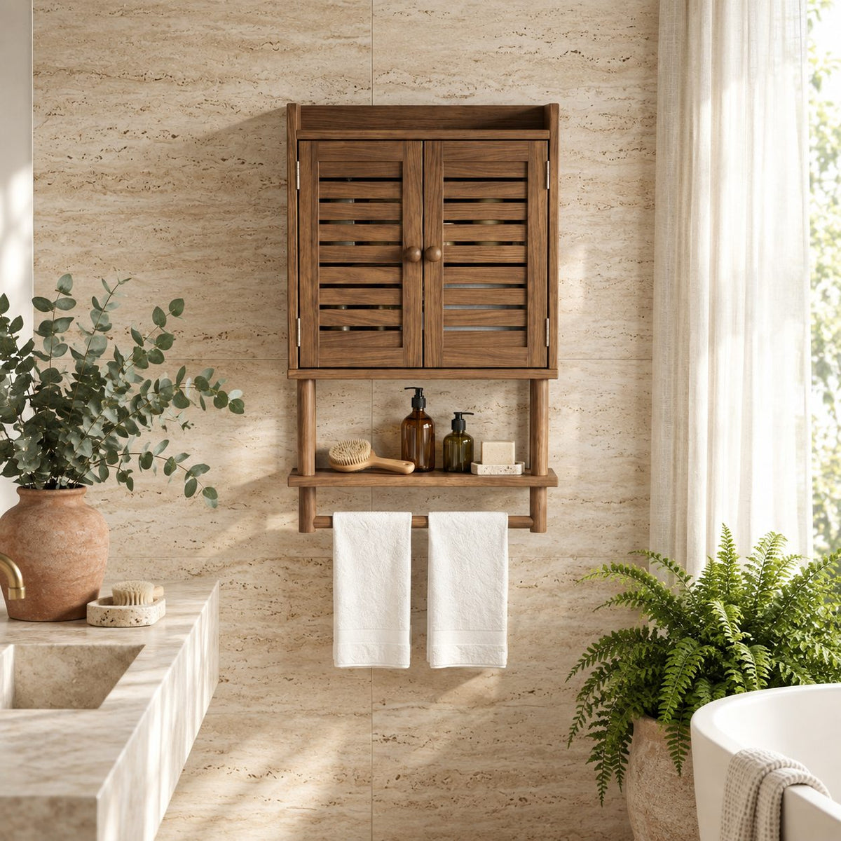 Louvered Door Bathroom Wall Cabinet, Solid Wood Over Toilet Cabinet with Open Shelf and Towel Bar