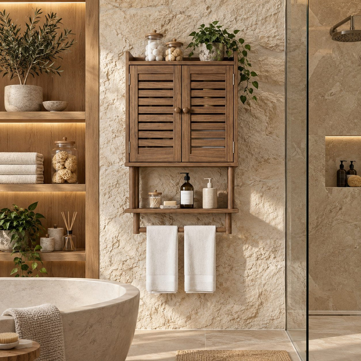 Louvered Door Bathroom Wall Cabinet, Solid Wood Over Toilet Cabinet with Open Shelf and Towel Bar