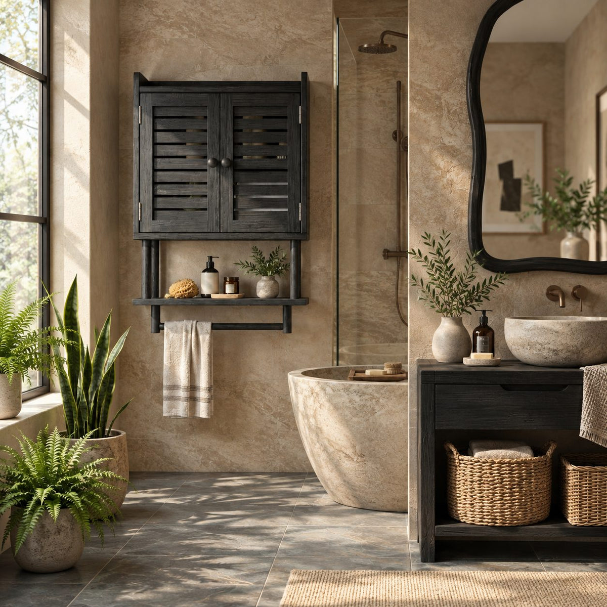 Louvered Door Bathroom Wall Cabinet, Solid Wood Over Toilet Cabinet with Open Shelf and Towel Bar