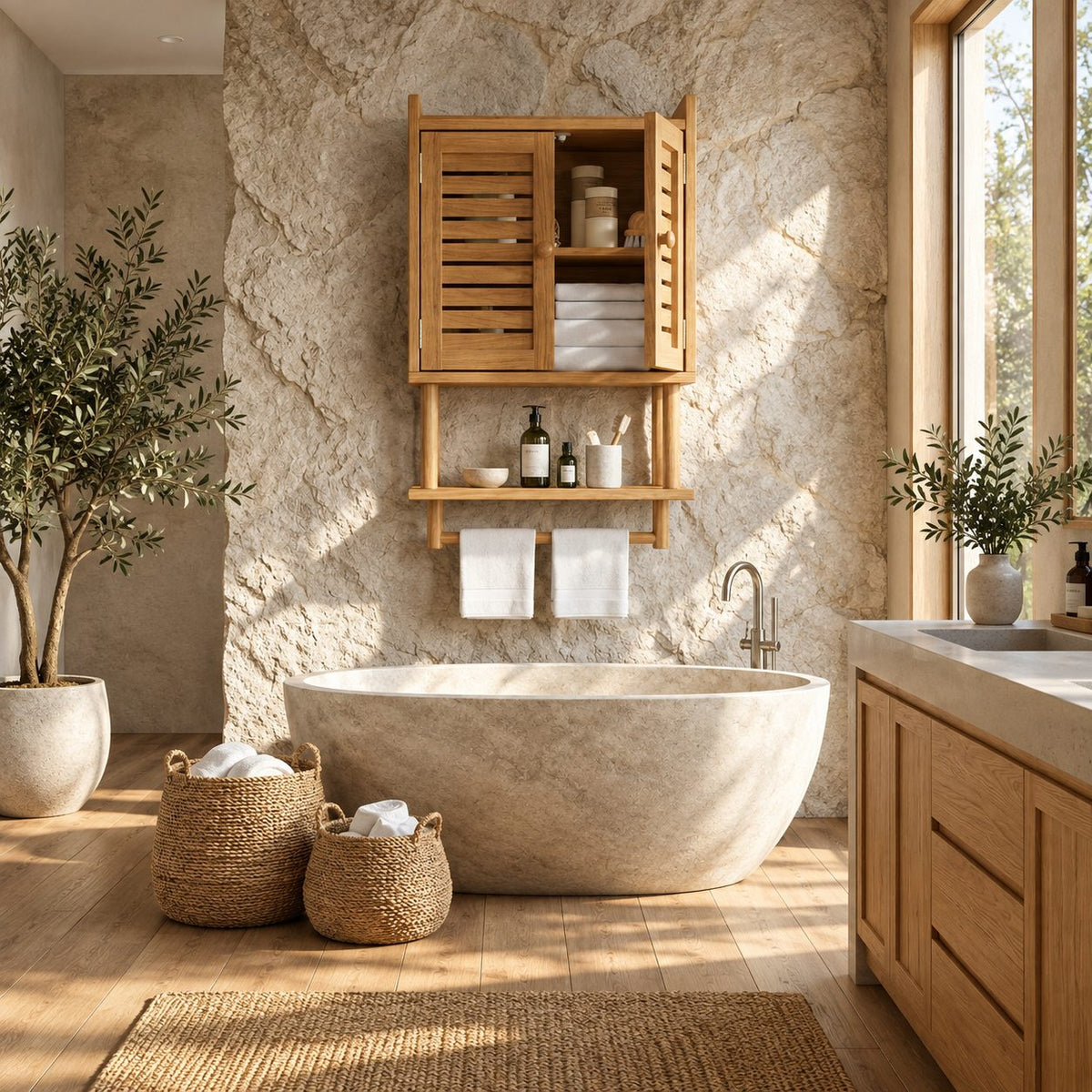 Louvered Door Bathroom Wall Cabinet, Solid Wood Over Toilet Cabinet with Open Shelf and Towel Bar