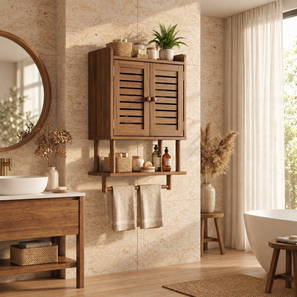 Louvered Door Bathroom Wall Cabinet, Solid Wood Over Toilet Cabinet with Open Shelf and Towel Bar