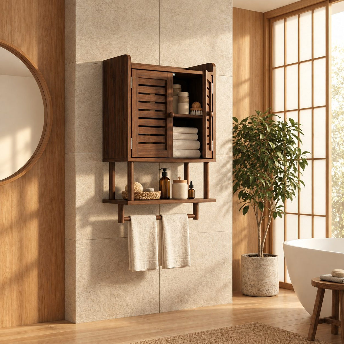 Louvered Door Bathroom Wall Cabinet, Solid Wood Over Toilet Cabinet with Open Shelf and Towel Bar
