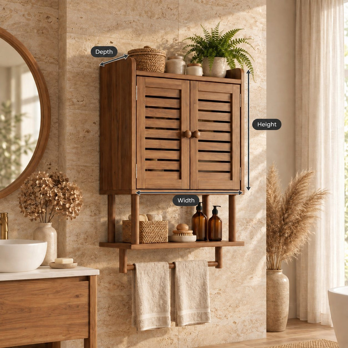 Louvered Door Bathroom Wall Cabinet, Solid Wood Over Toilet Cabinet with Open Shelf and Towel Bar