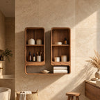 Twin Tower Bathroom Wall Shelf, Rounded Solid Wood Open Cubby Wall Storage with Long Base Shelf
