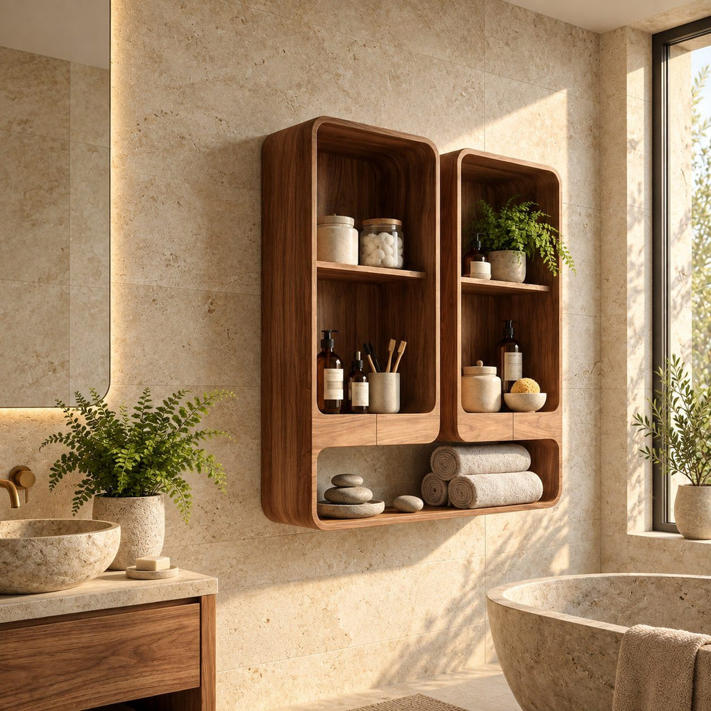 Twin Tower Bathroom Wall Shelf, Rounded Solid Wood Open Cubby Wall Storage with Long Base Shelf
