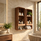 Twin Tower Bathroom Wall Shelf, Rounded Solid Wood Open Cubby Wall Storage with Long Base Shelf