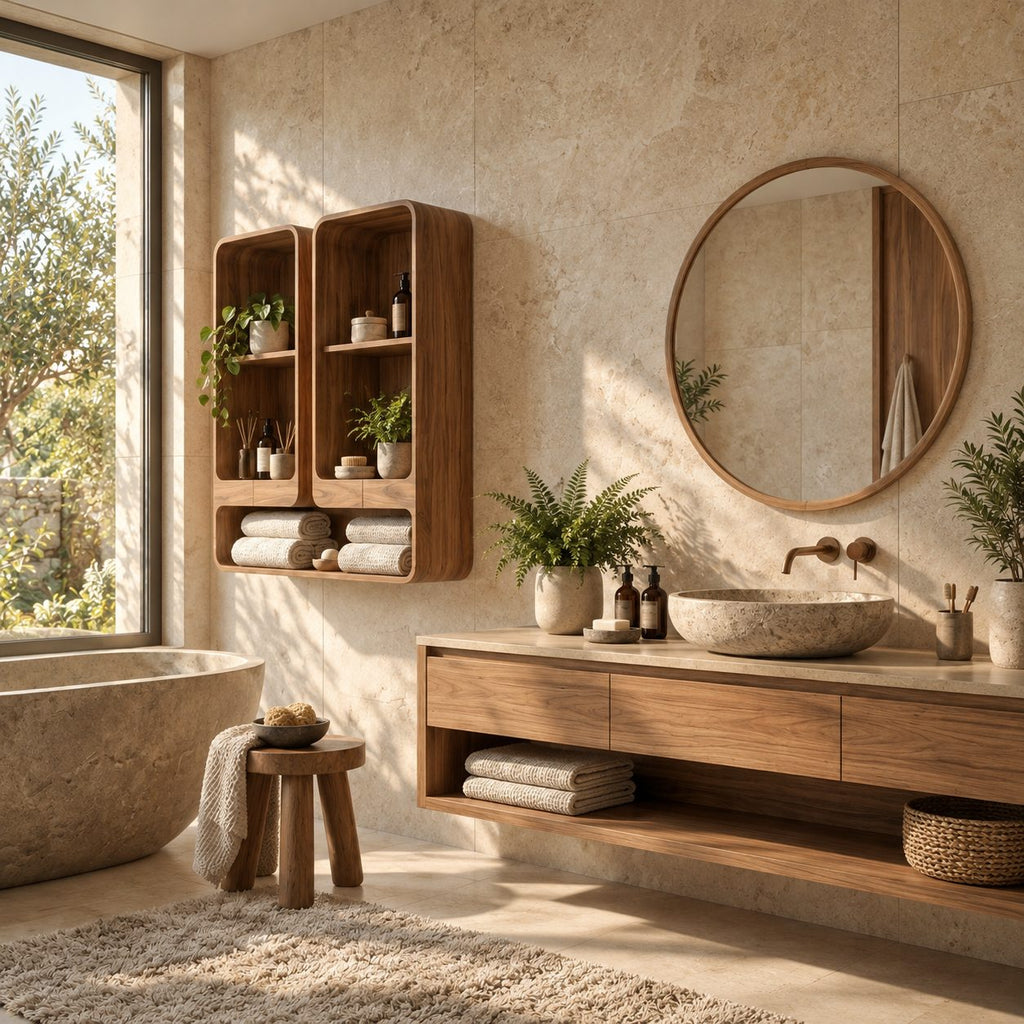 Twin Tower Bathroom Wall Shelf, Rounded Solid Wood Open Cubby Wall Storage with Long Base Shelf
