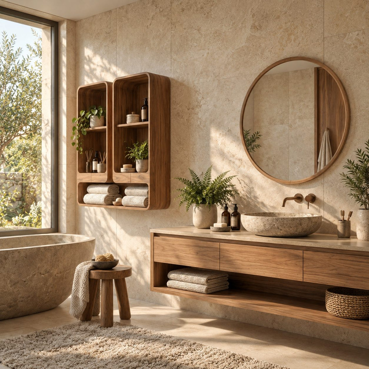 Twin Tower Bathroom Wall Shelf, Rounded Solid Wood Open Cubby Wall Storage with Long Base Shelf