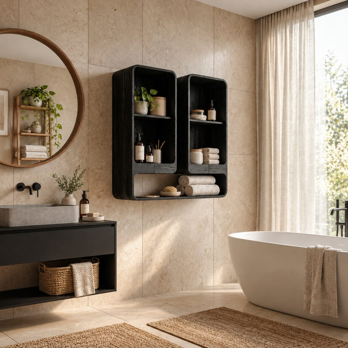 Twin Tower Bathroom Wall Shelf, Rounded Solid Wood Open Cubby Wall Storage with Long Base Shelf