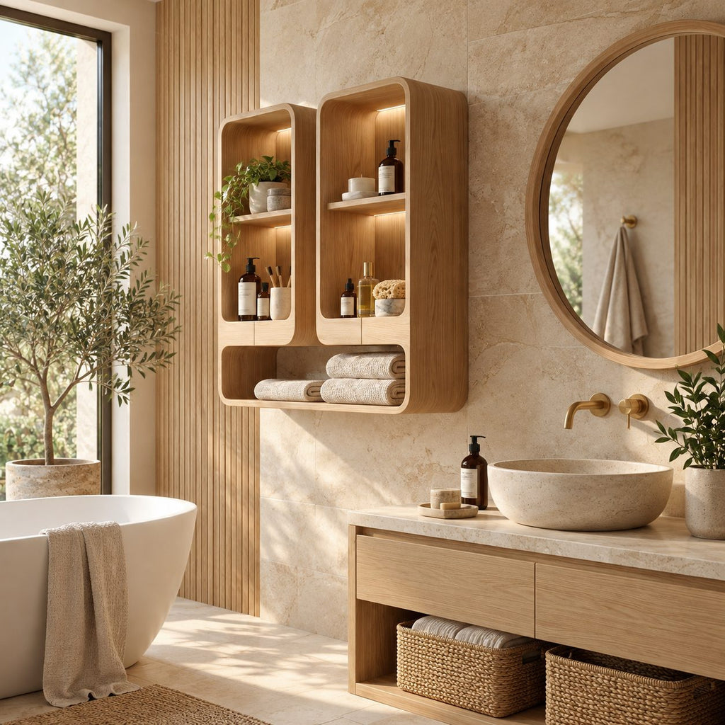 Twin Tower Bathroom Wall Shelf, Rounded Solid Wood Open Cubby Wall Storage with Long Base Shelf