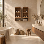 Twin Tower Bathroom Wall Shelf, Rounded Solid Wood Open Cubby Wall Storage with Long Base Shelf