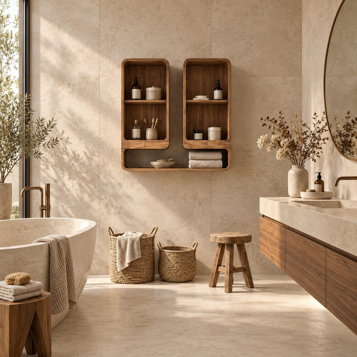Twin Tower Bathroom Wall Shelf, Rounded Solid Wood Open Cubby Wall Storage with Long Base Shelf