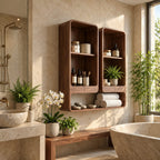 Twin Tower Bathroom Wall Shelf, Rounded Solid Wood Open Cubby Wall Storage with Long Base Shelf