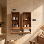 Twin Tower Bathroom Wall Shelf, Rounded Solid Wood Open Cubby Wall Storage with Long Base Shelf