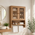 Spindle Door Bathroom Wall Cabinet, Solid Wood Over Toilet Storage Cabinet with Open Shelf and Towel Bar