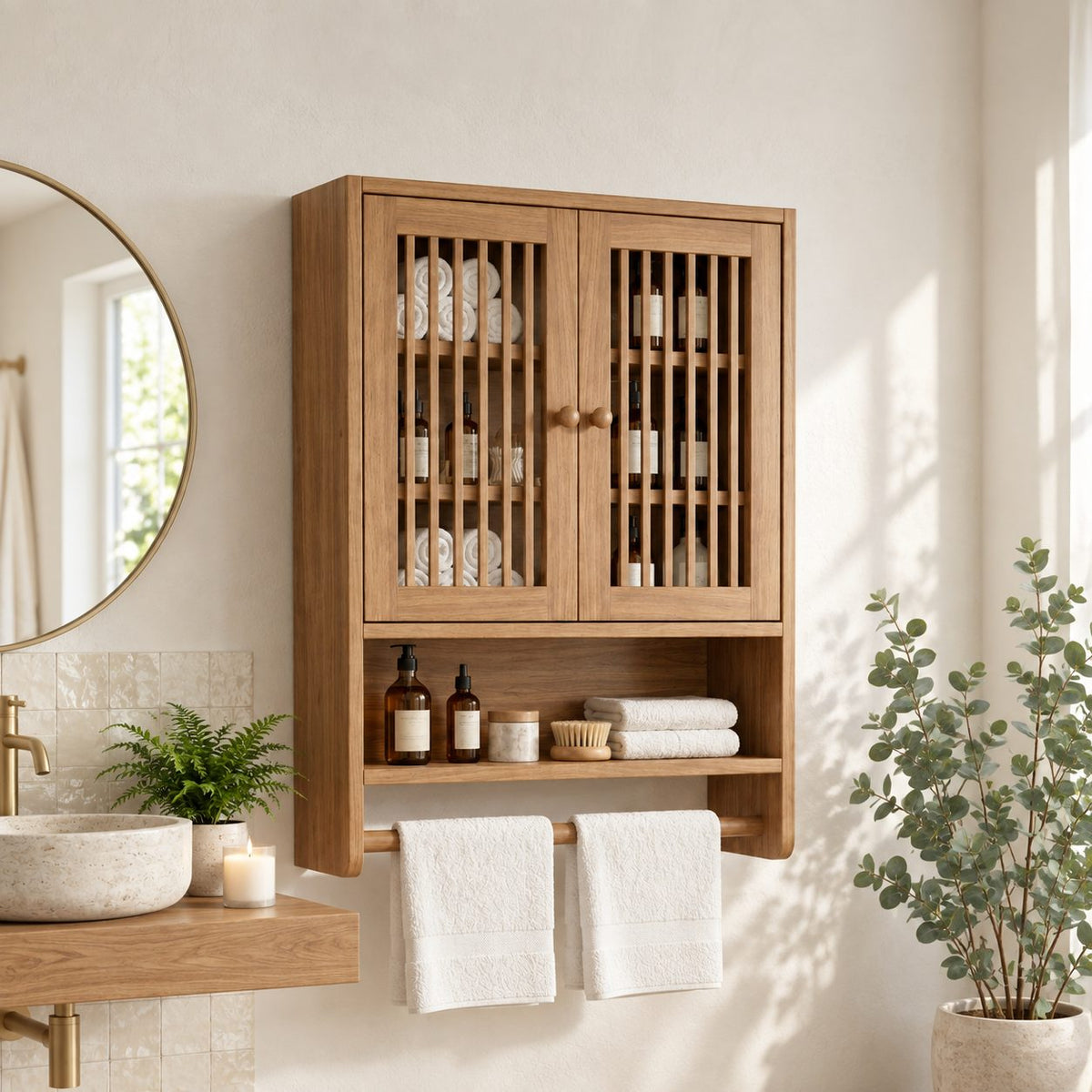 Spindle Door Bathroom Wall Cabinet, Solid Wood Over Toilet Storage Cabinet with Open Shelf and Towel Bar