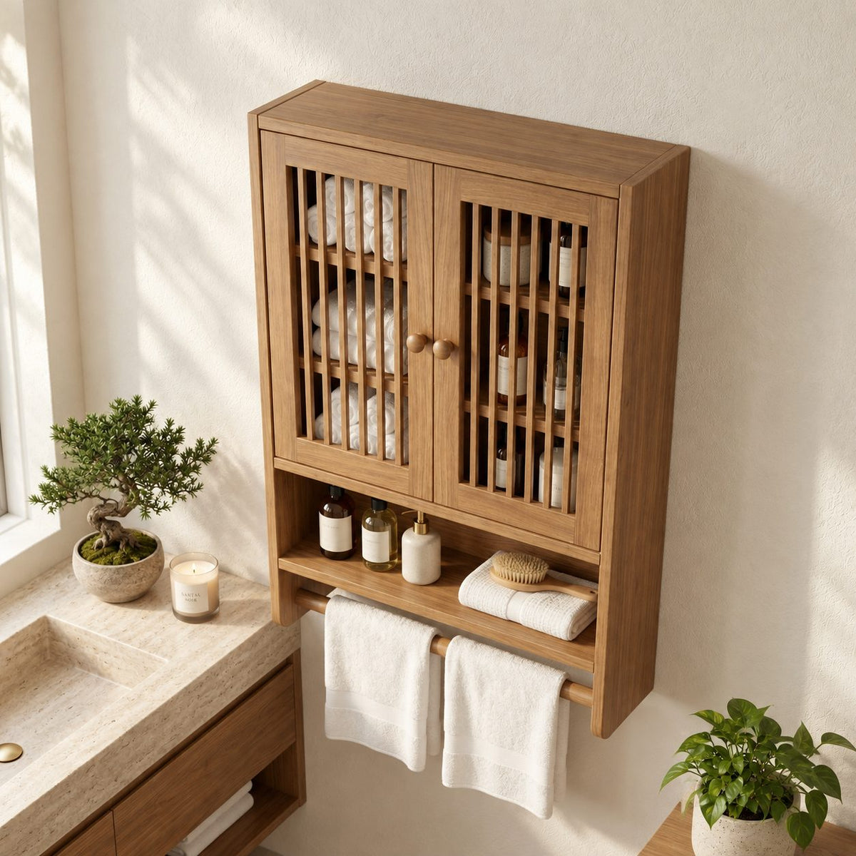 Spindle Door Bathroom Wall Cabinet, Solid Wood Over Toilet Storage Cabinet with Open Shelf and Towel Bar