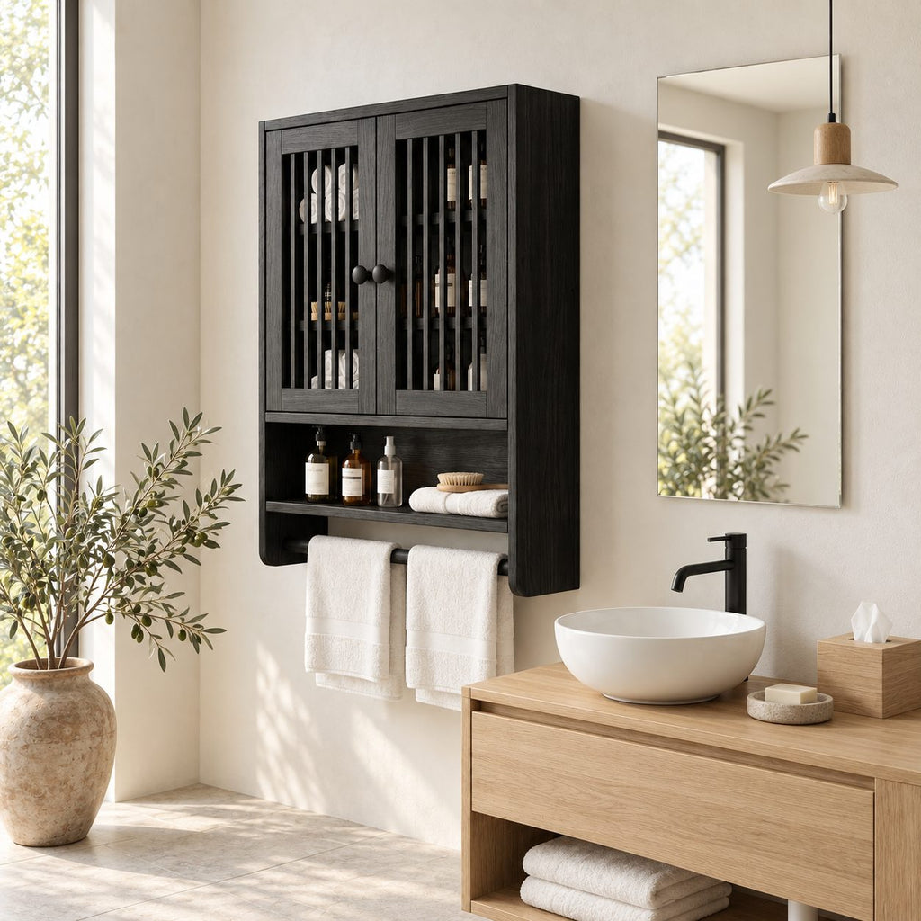 Spindle Door Bathroom Wall Cabinet, Solid Wood Over Toilet Storage Cabinet with Open Shelf and Towel Bar