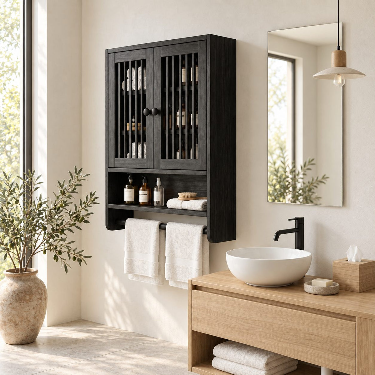 Spindle Door Bathroom Wall Cabinet, Solid Wood Over Toilet Storage Cabinet with Open Shelf and Towel Bar