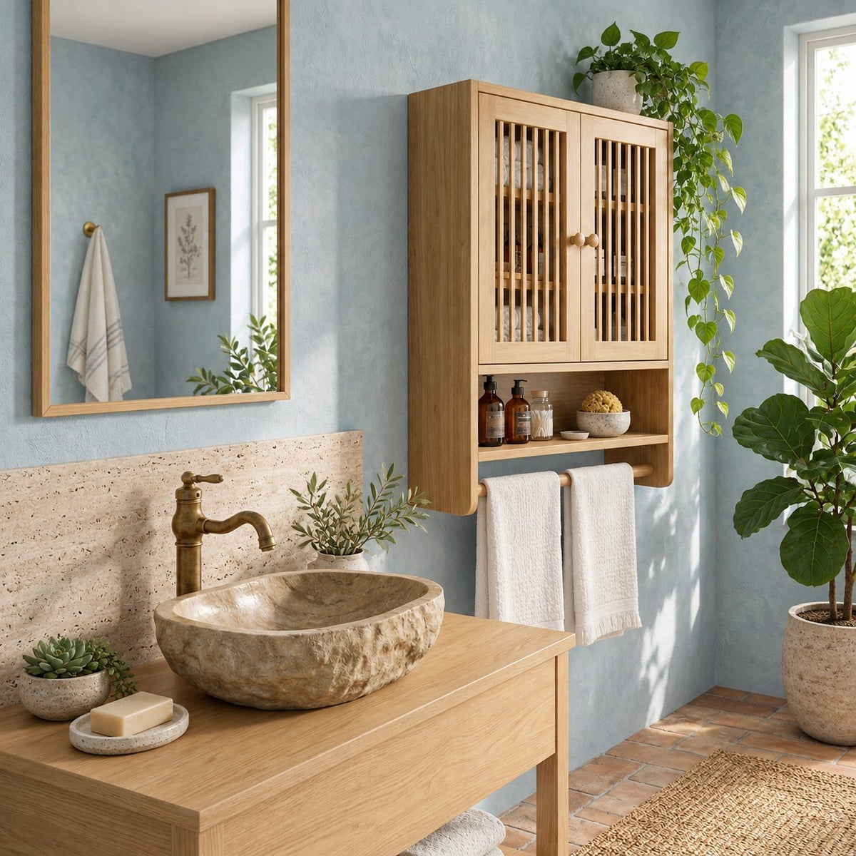 Spindle Door Bathroom Wall Cabinet, Solid Wood Over Toilet Storage Cabinet with Open Shelf and Towel Bar